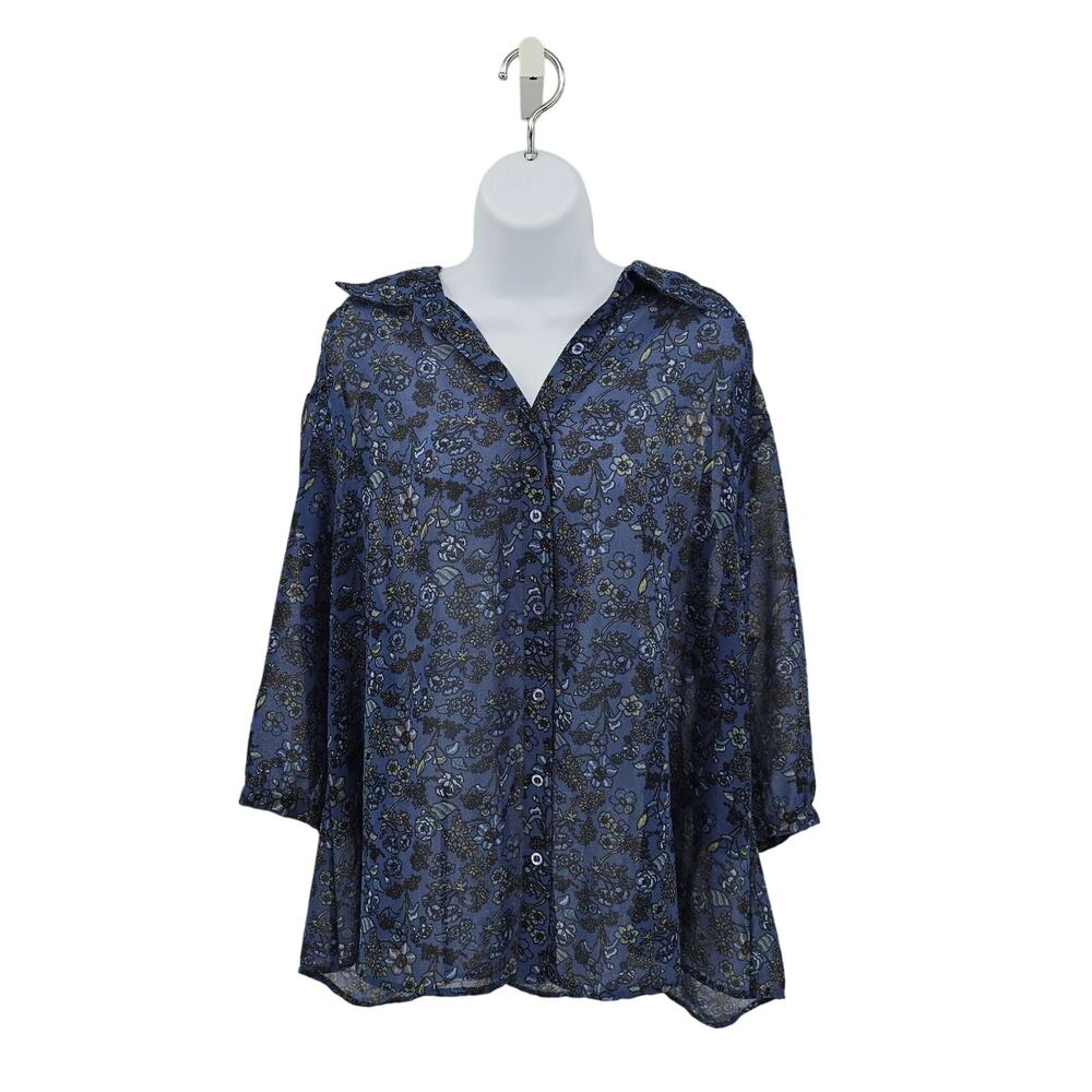 GNW Womens Blue Floral Sheer Blouse Sz 2X Button Up Plus 3/4 Sleeve Summer Top
